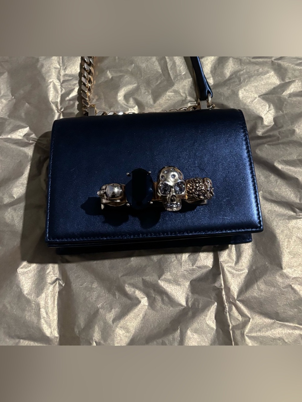 Alexander McQueen Black Leather Crossbody with Gold Skull and Jewel